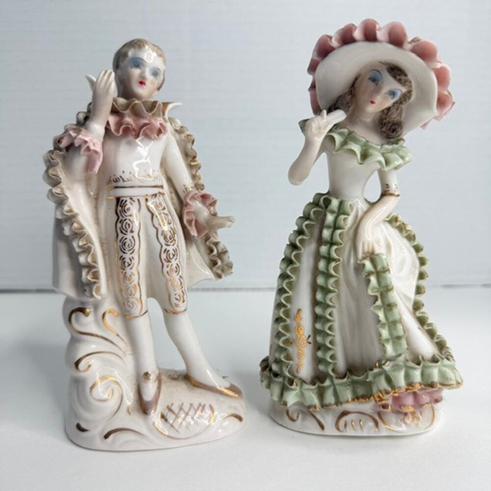 Vintage Victorian Porcelain Figurine Set Japan 3638 Relco Style Couple Gold Trim